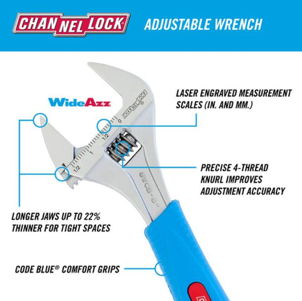 Channellock 8WCB 8-Inch WideAzz Adjustable Wrench Details 2
