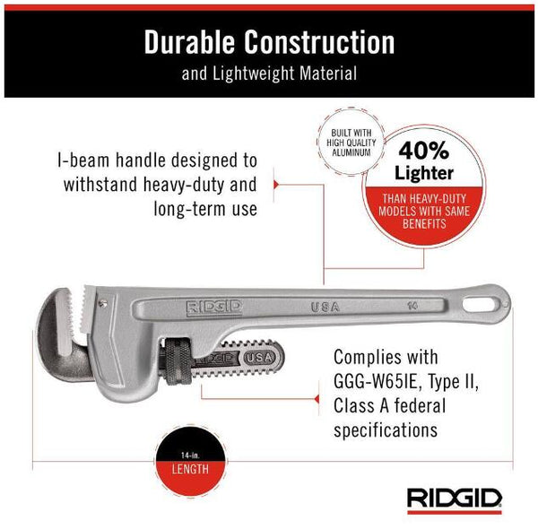 RIDGID 31095 Model 814 Aluminum Straight Pipe Wrench Durable Construction 