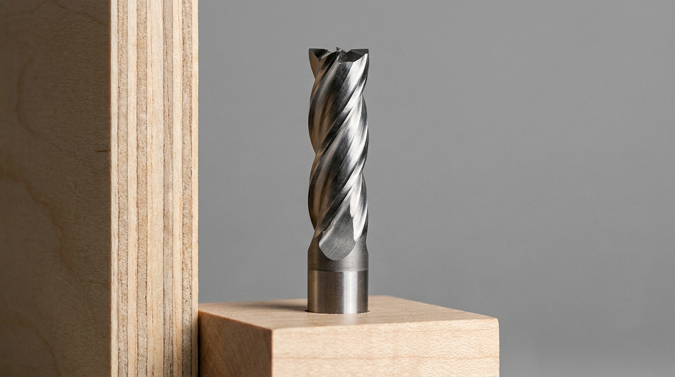 Amana Tool spiral compression bit resting on a sheet of clean veneered plywood.