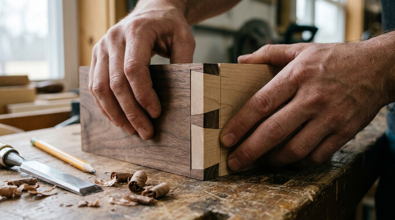 Beautiful hand-cut dovetail joint being dry fitted.