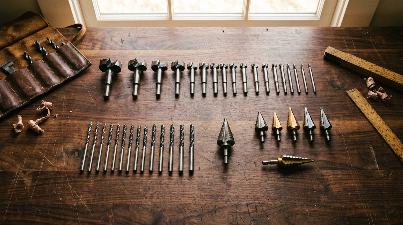 An assortment of Forstner, brad-point, and spade drill bits on a workbench.