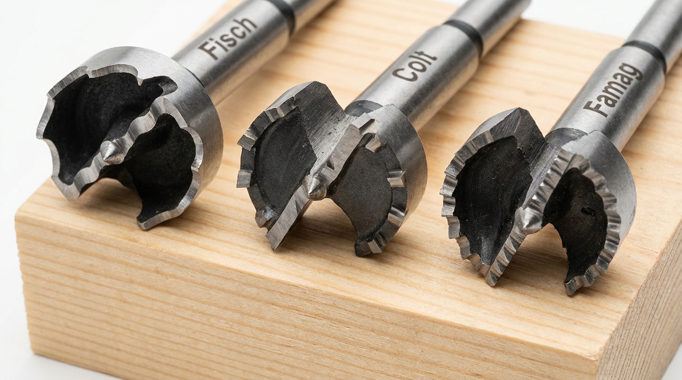 Three different premium Forstner bits placed on a woodblock, showcasing their cutting edge designs.
