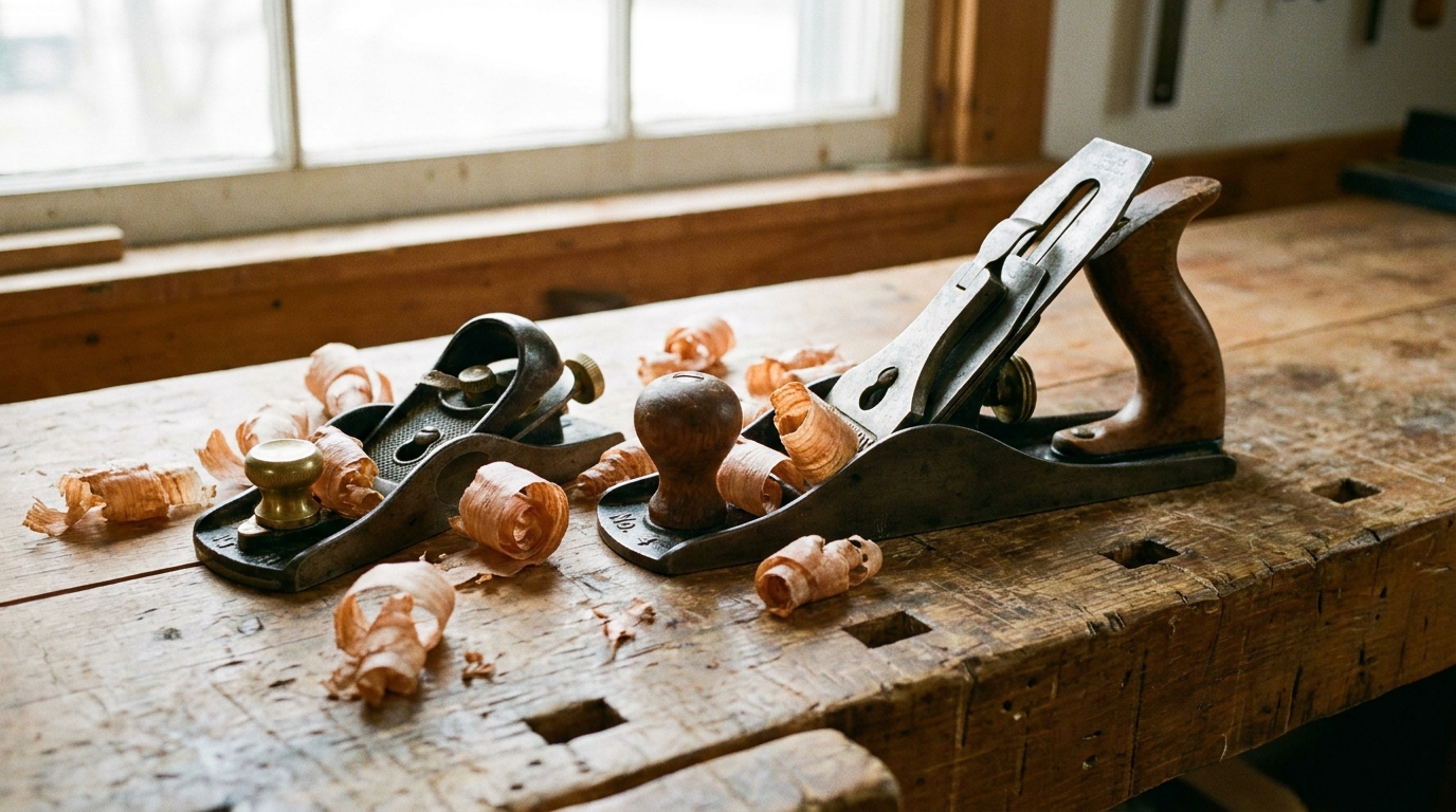Vintage and modern hand planes sitting on a workbench with wood shavings.