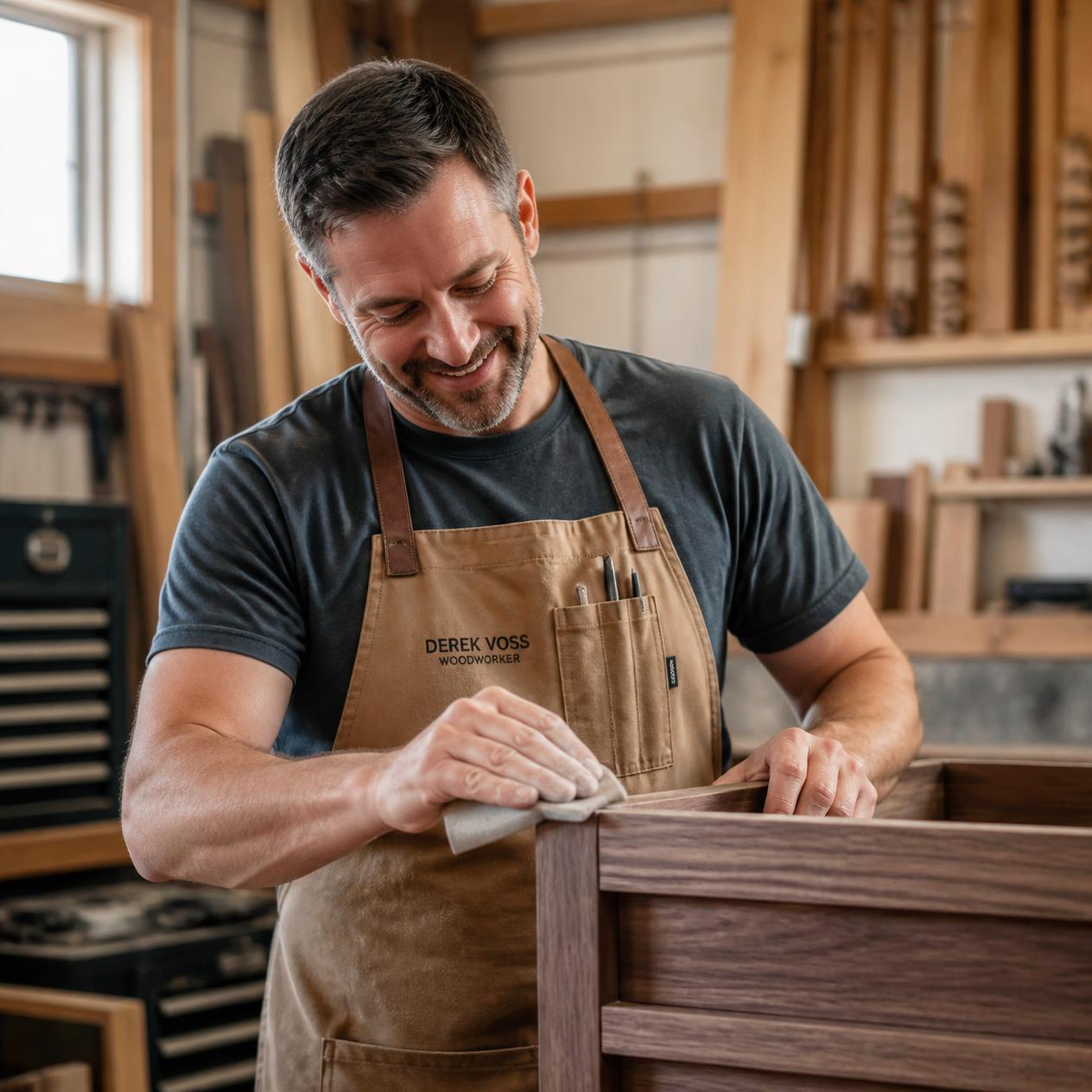Derek Voss working on a walnut cabinet corner at his workbench