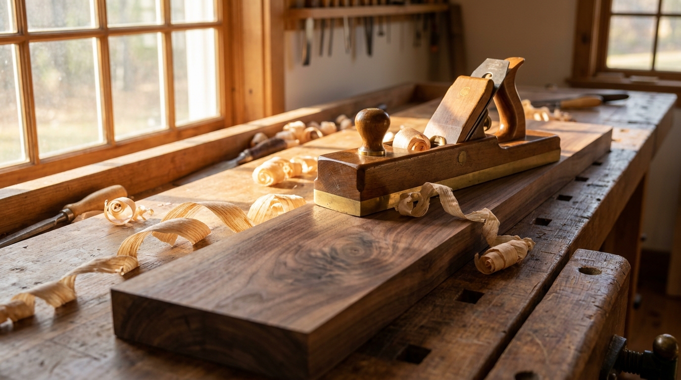 Woodworking workbench with hand planes and cherry curls