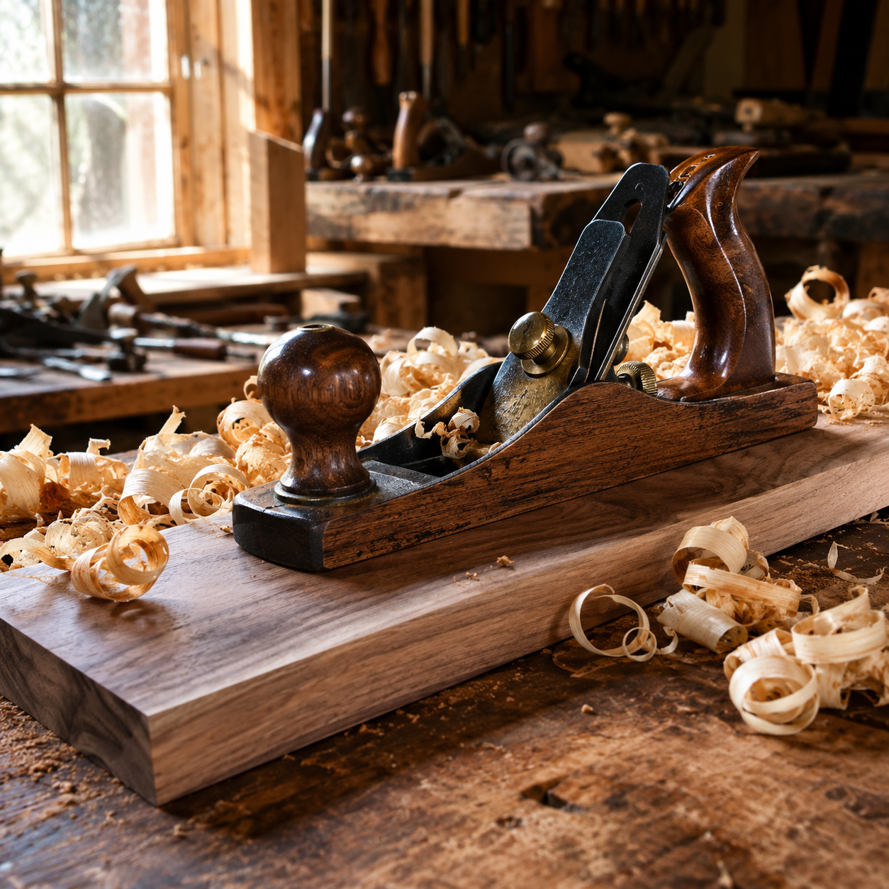 Woodworking workbench with hand planes, wood curls, and raw timber