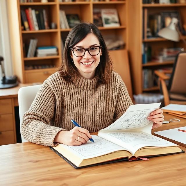 Lena Fitch reviewing editorial notes and tool diagrams at a desk