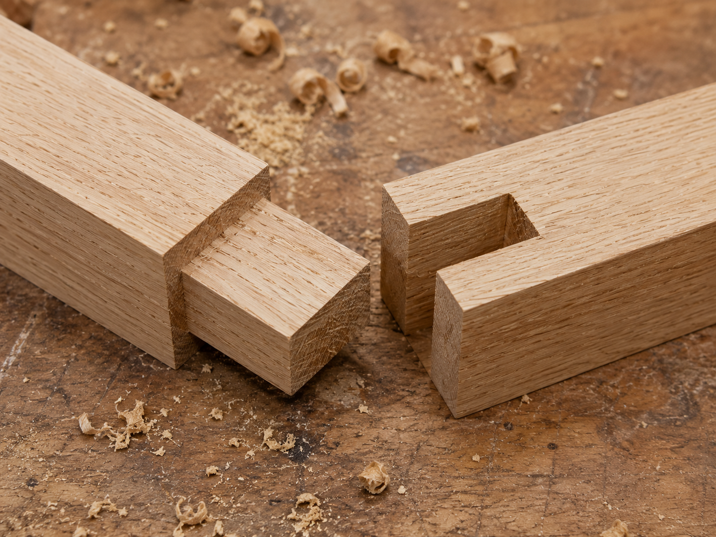 Macro shot of a clean, tight white-oak mortise and tenon joint before assembly