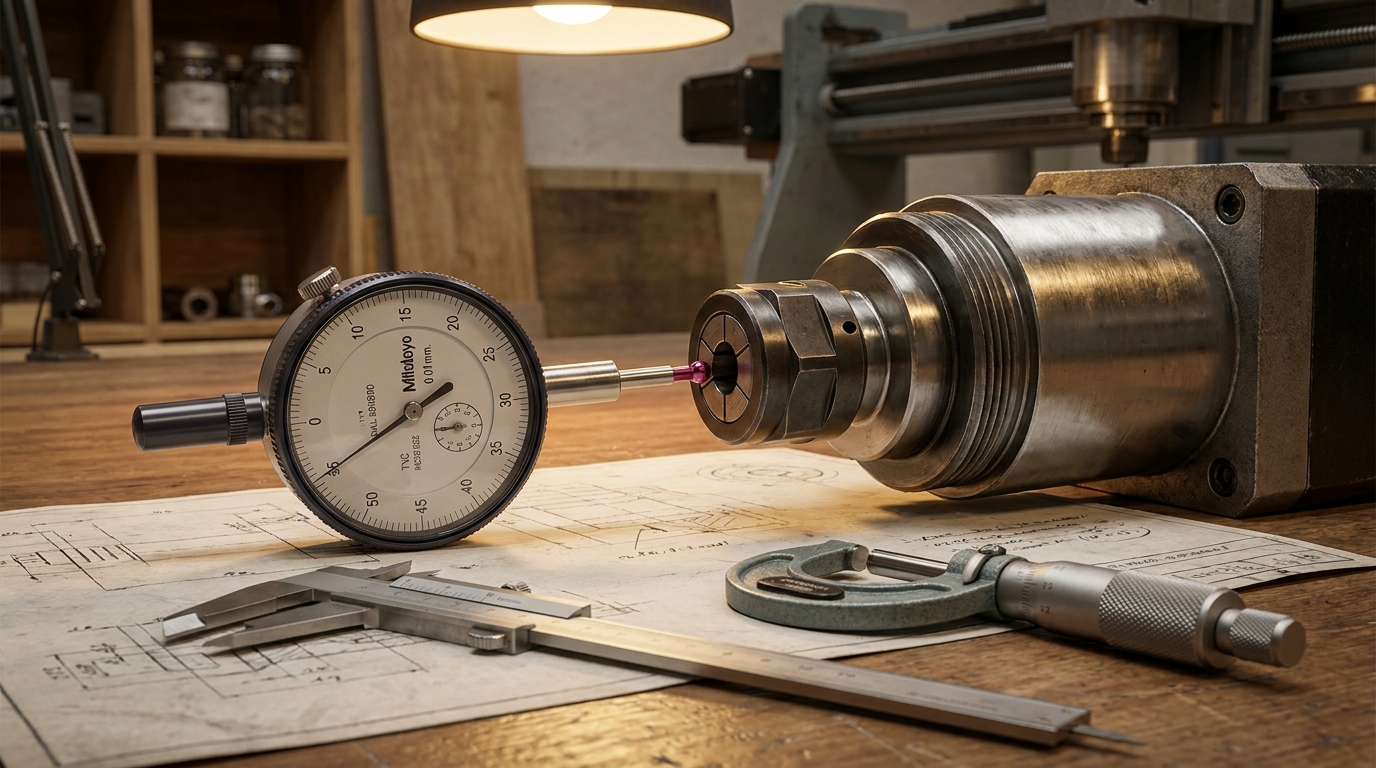Calibrating runout on a router spindle using a dial test indicator