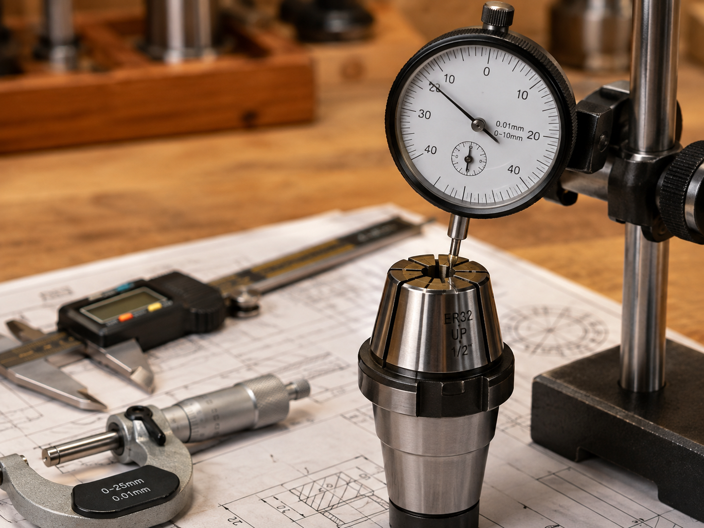Precision dial indicator measuring the runout of a router spindle in a workshop
