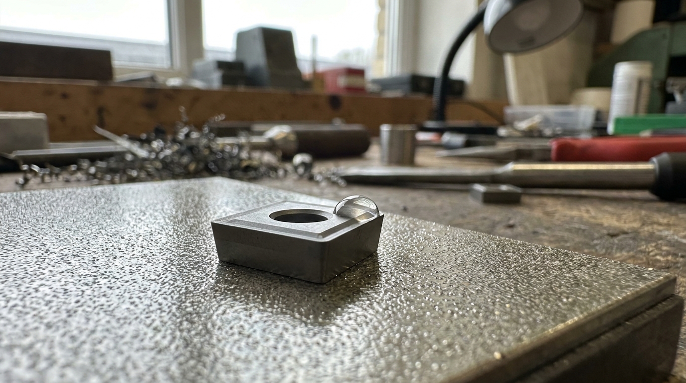 Carbide insert cutter being honed on a diamond sharpening plate.