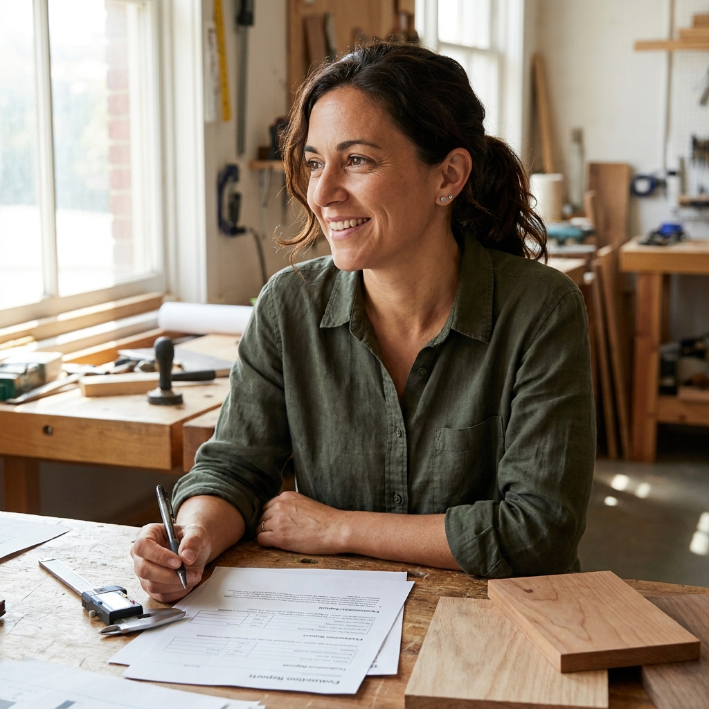 Lena Fitch reviewing editorial notes and tool diagrams at a desk