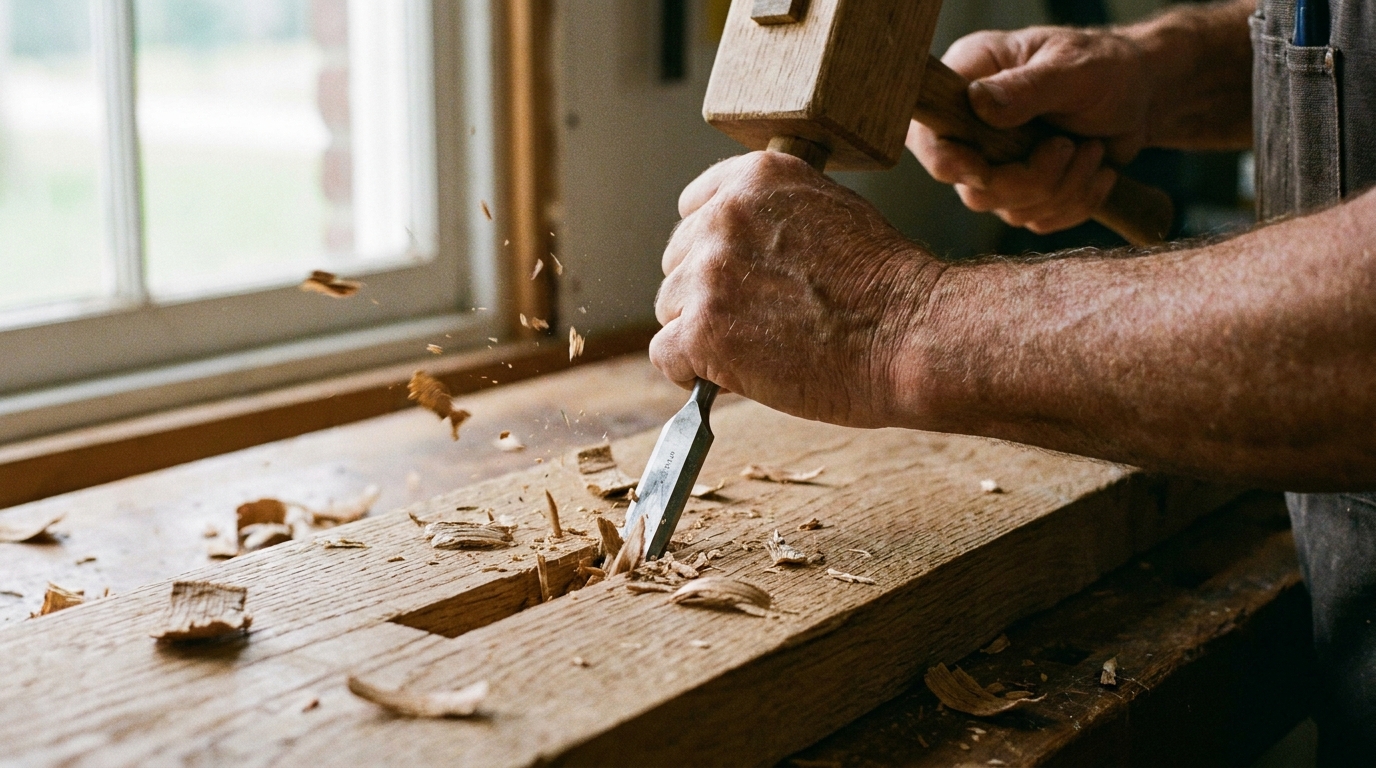 Woodworker chiseling the walls of a mortise joint in oak.