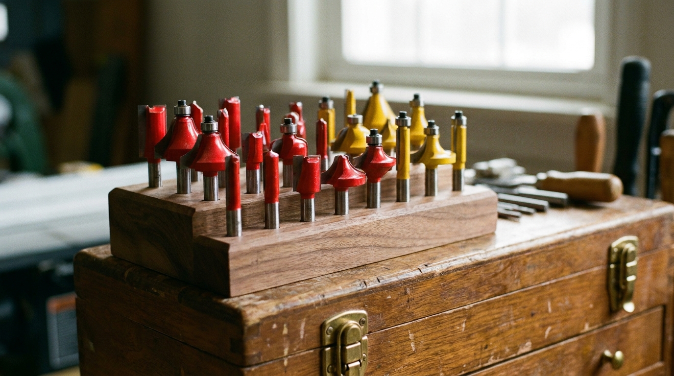Several premium router bits arranged on a wooden board.