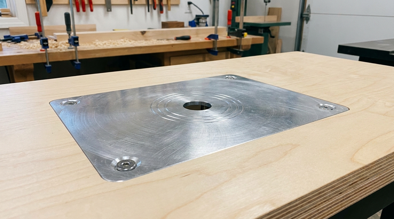 Router table insert plate installed in a router table.