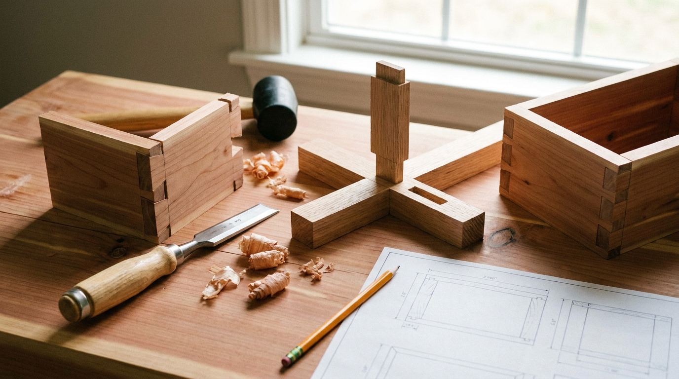 Various types of wood joinery joints displayed together.